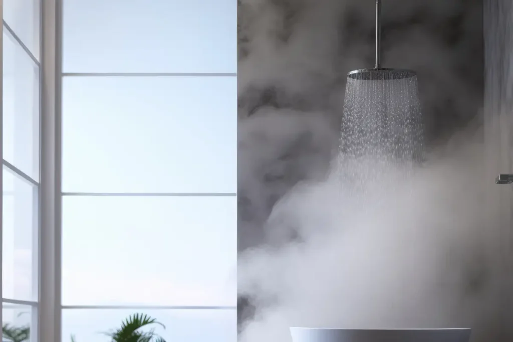 Steam rising from a shower head in a steam room.