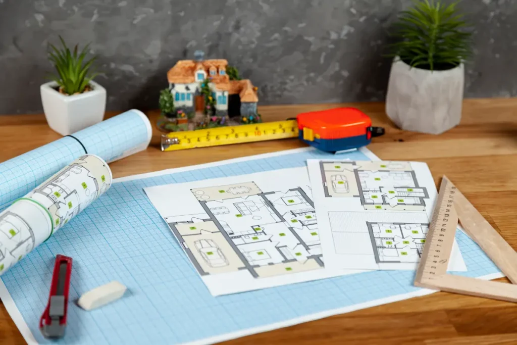 Blueprints and floor plans on a table with architectural tools