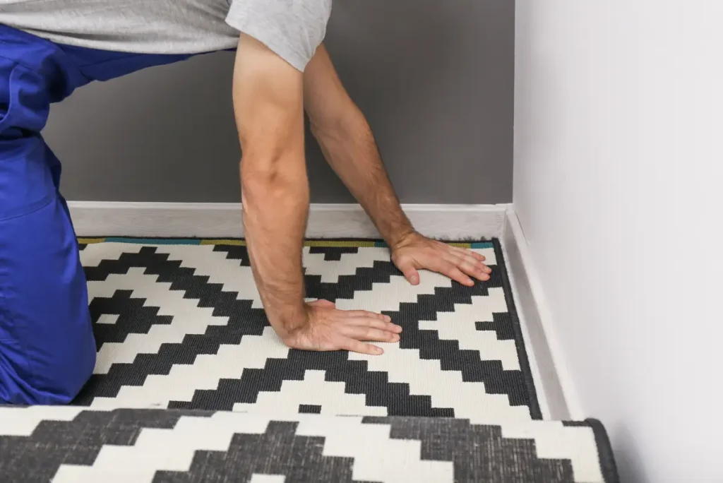 Person adjusting geometric carpet tiles along the wall