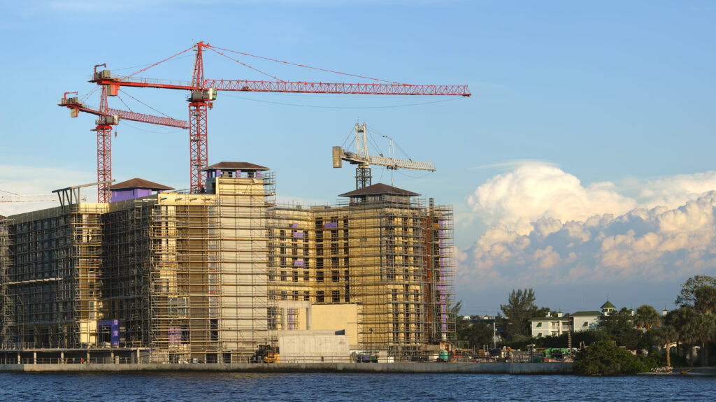Building construction site along waterfront view