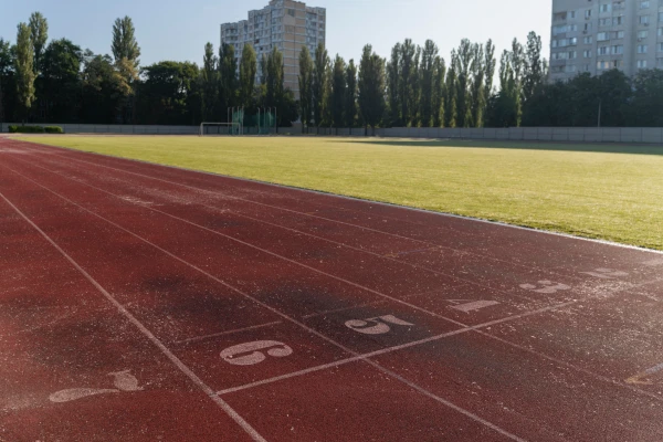 Red running track field urban background