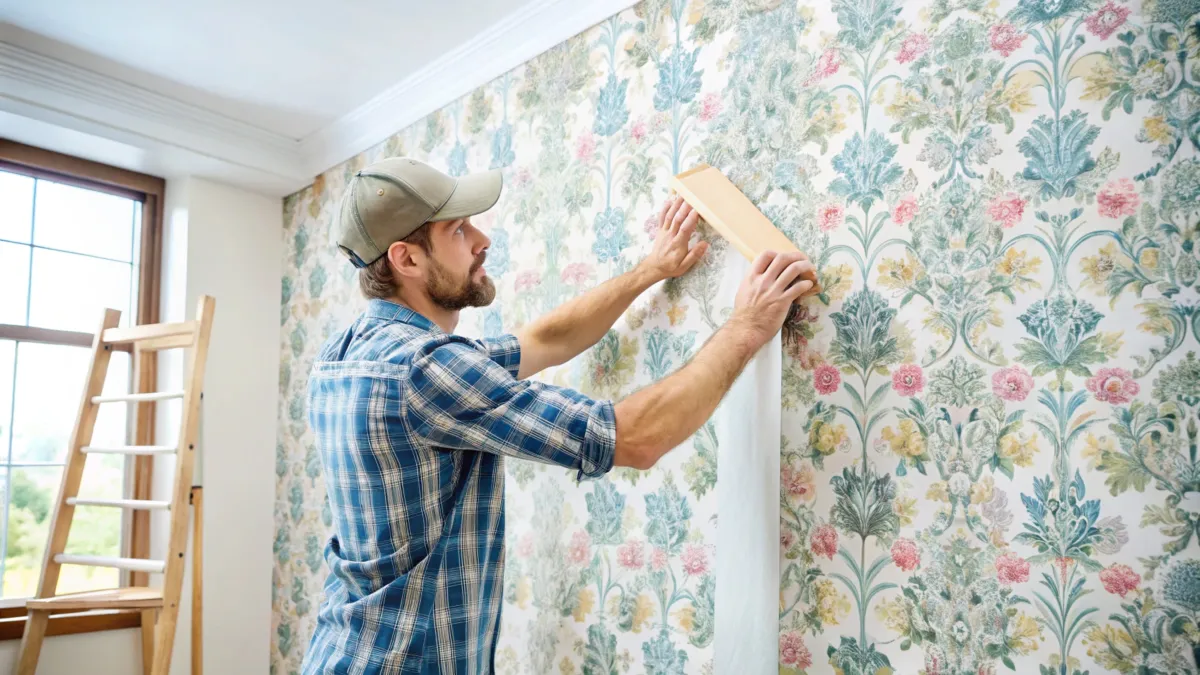 Worker installing decorative patterned wallpaper wall
