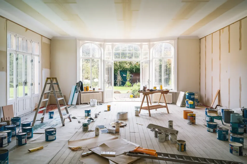 Renovation in progress with wooden flooring and construction tools.